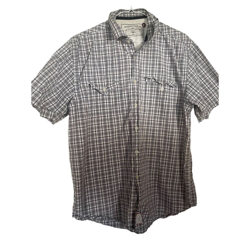 Wrangler Men's White & Gray Short Sleeve Plaid Button-Up Shirt Size L